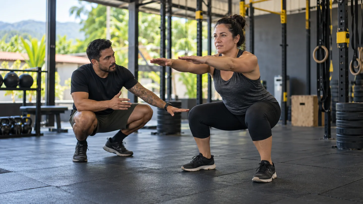 Coach acompañando a una alumna mientras practica una sentadilla sin peso.